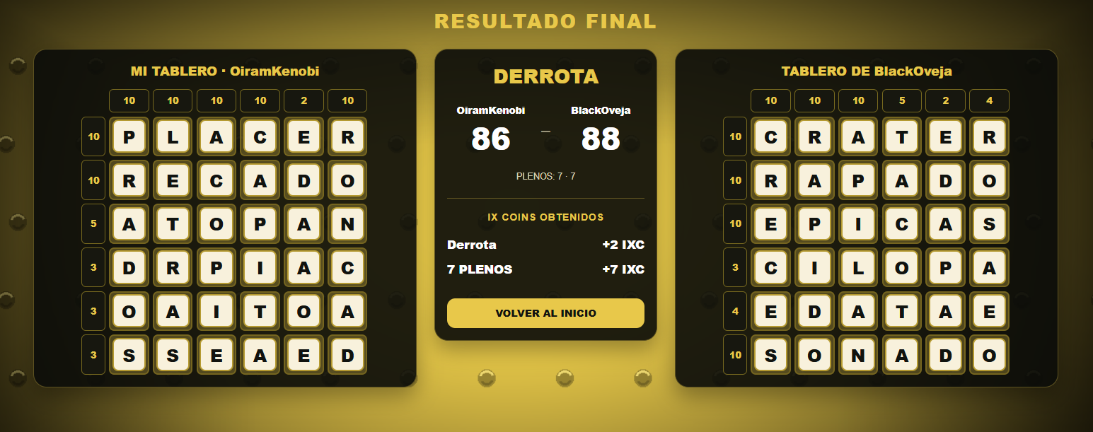 Resultado final de IX Game mostrando los dos tableros, puntos, PLENOS e IX Coins