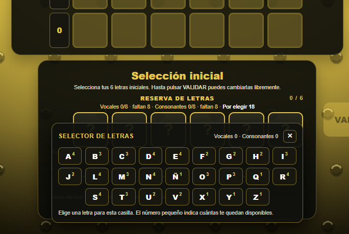 Selector de letras real durante la Selección Inicial